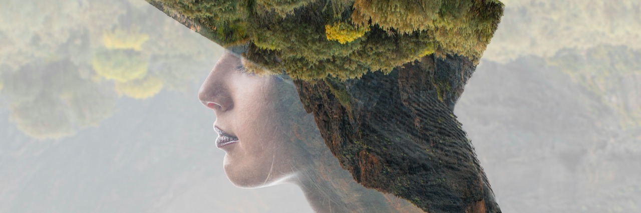 Portrait of young woman with hat with double exposure technic combinated with beautiful mountain landscape