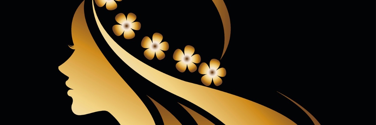 illustration vector of women silhouette golden icon, women face logo with flower on black background