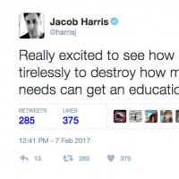 Tweet from Jacob Harris which reads "Really excited to see how Betsy DeVos will work tirelessly to destroy how my child with special needs can get an education"
