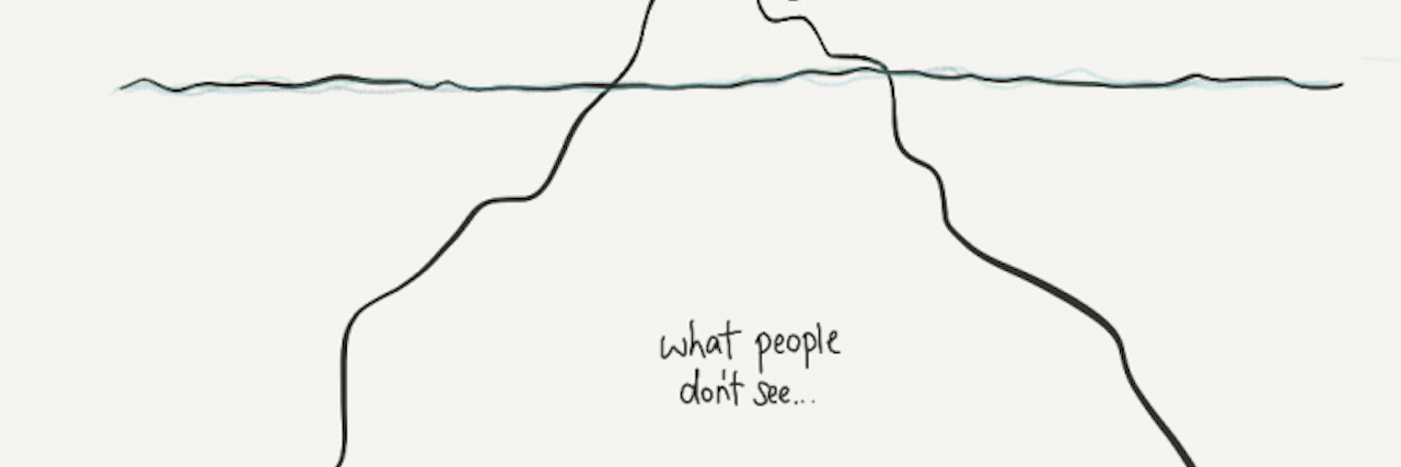 What Chronic Illness Looks Like Behind Closed Doors iceberg with part below water labeled what people don't see and part above water what people see