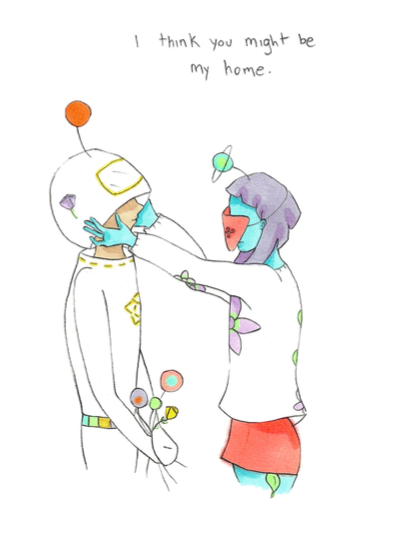 A person lifts up the helmet of the spaceman. Text reads: I think you might be my home.