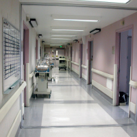 Hallway of a maternity ward in a Los Angeles, California hospital.