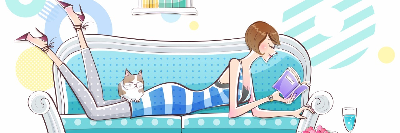 Good Days With Fibromyalgia Illustration of woman lying on sofa and reading book
