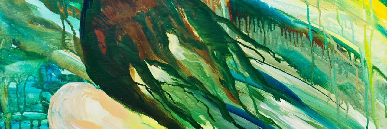 The Venomous Sadness of Depression Modern acrylic painting by artist Indra Grasberga from Latvia. Painting represents an unrecognisable despaired woman.