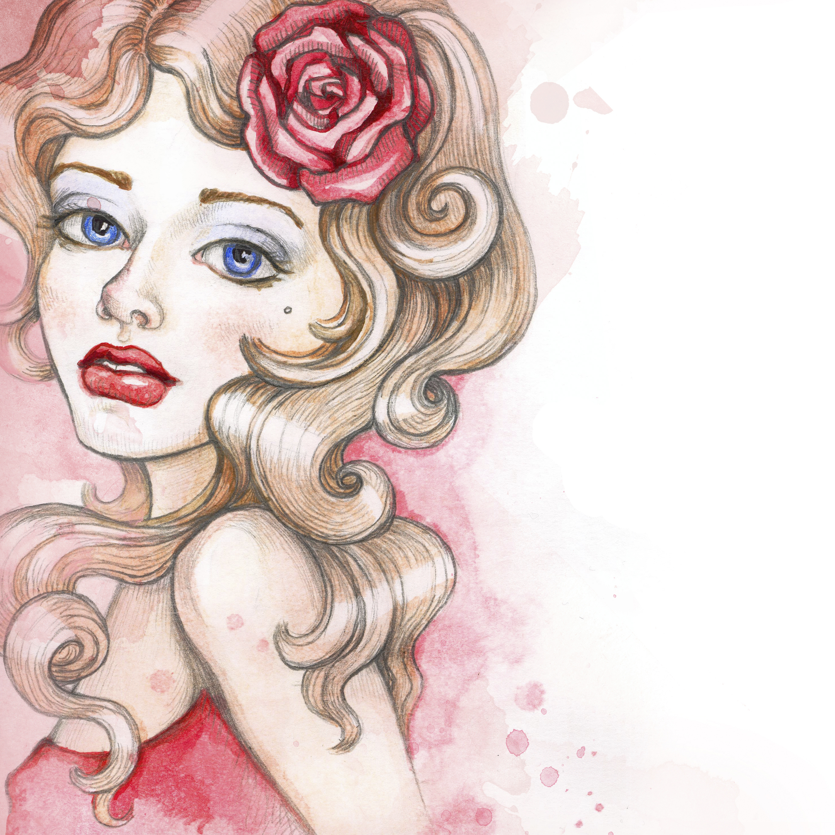 illustration of a woman with blonde hair and a rose in her hair