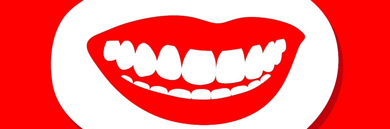 How to Be Happier in 30 Days Female mouth with luscious red lips and a toothy smile showing brilliant white teeth inside a speech bubble on a red background