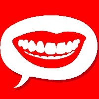 Female mouth with luscious red lips and a toothy smile showing brilliant white teeth inside a speech bubble on a red background