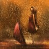 Girl with umbrella in the rain, digital painting illustration