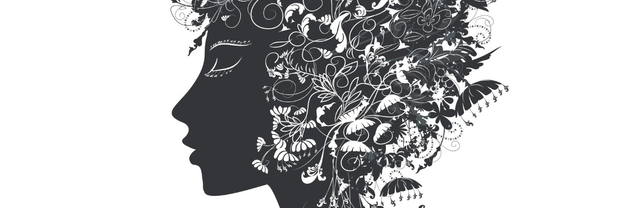 girl with flower hair covered ornaments, flora,black and white, fairy, vector