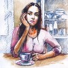 Young girl is bored alone in her kitchen. author pencil drawing