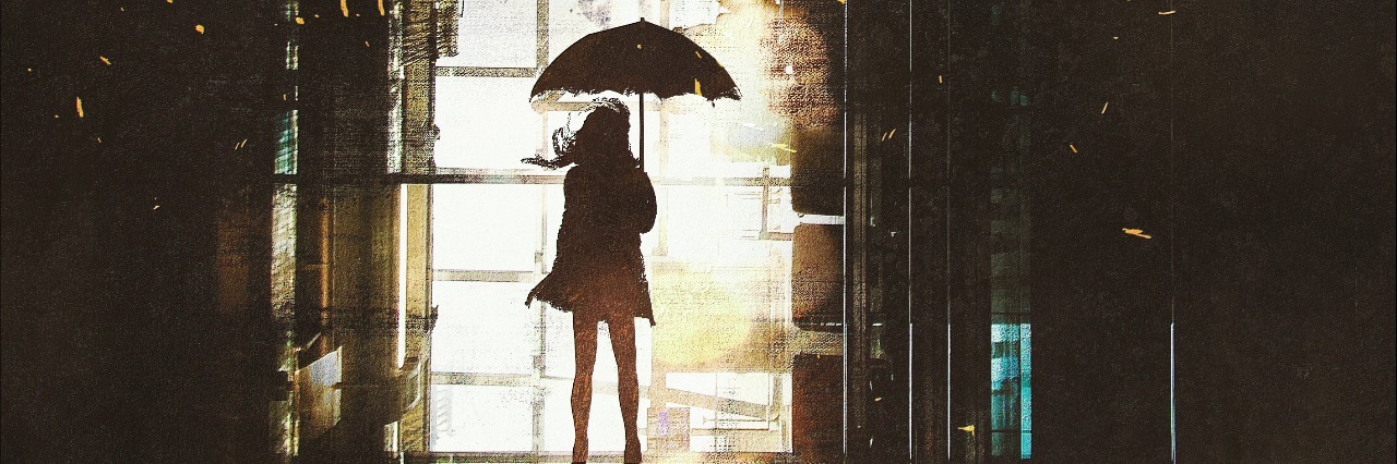 abstract illustration of the silhouette of a woman holding an umbrella and looking out a bright window