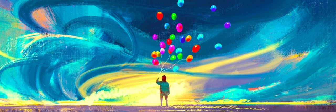 Illustration of person holding balloons, standing in front of storm in various colors