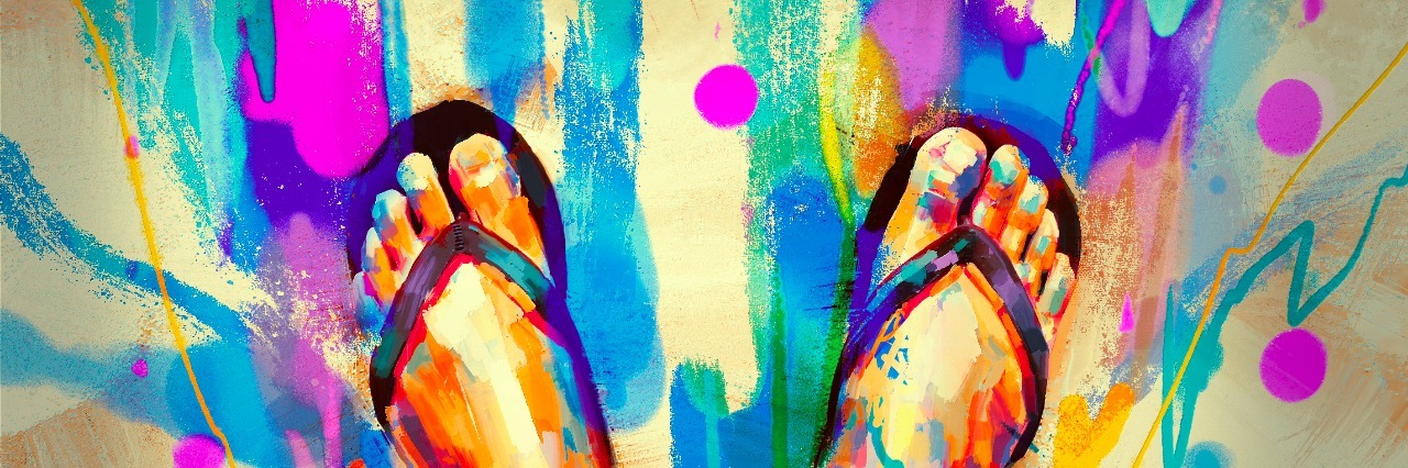 How My Anxiety Is Like a Storm painting of colorful feet with flip-flops on sandy beach