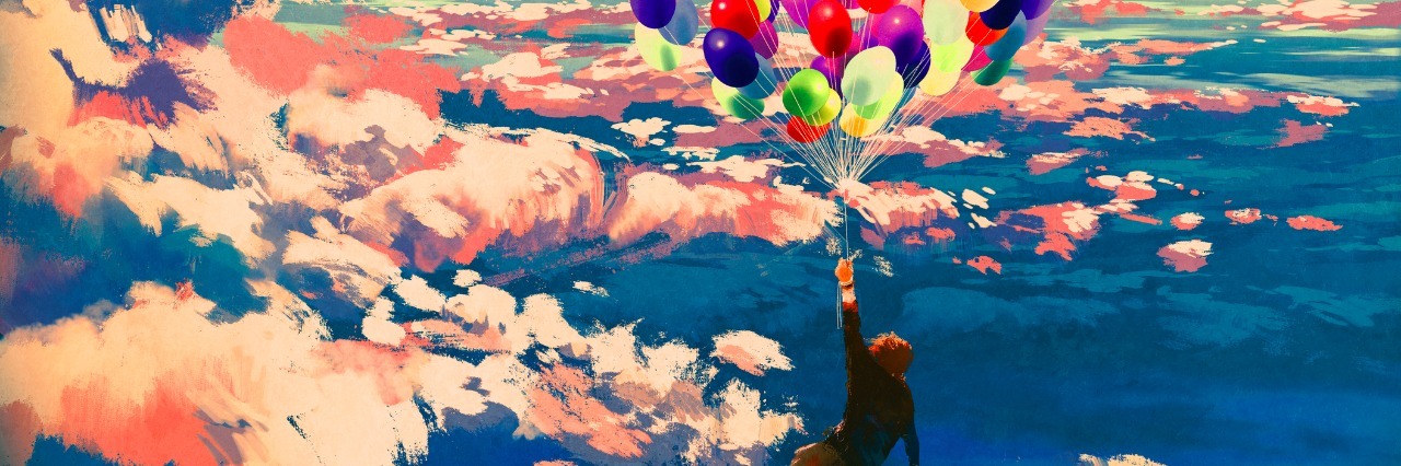 man flying with colorful balloons in beautiful cloudy sky,illustration painting