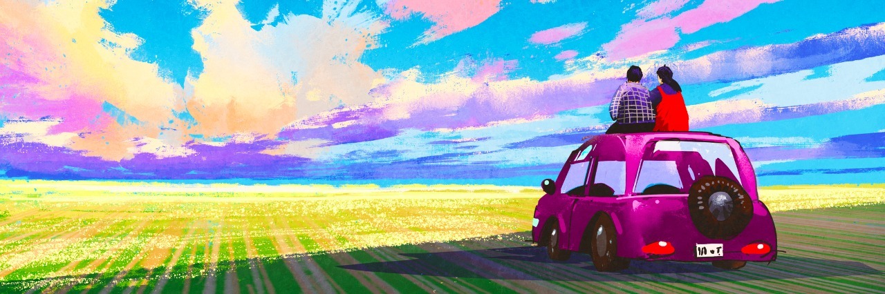 How to Support Someone Struggling With Diabulimia young couple sitting on car in front of dramatic landscape,illustration painting