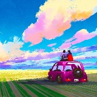young couple sitting on car in front of dramatic landscape,illustration painting