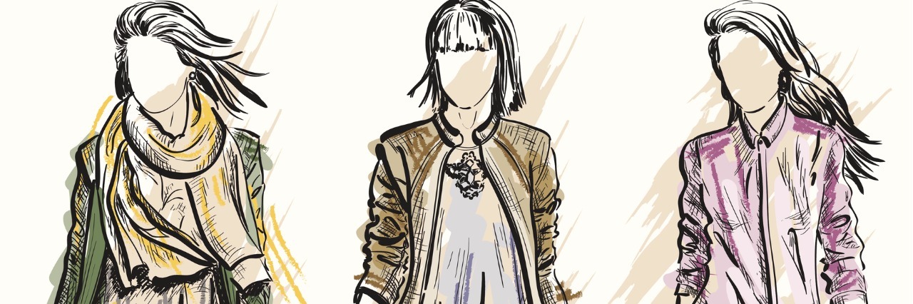 What It Means to 'Dress Like a Woman' With a Chronic Illness sketch of three women walking wearing different outfits