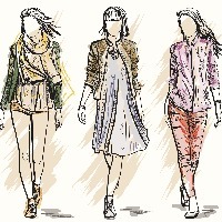 sketch of three women walking wearing different outfits