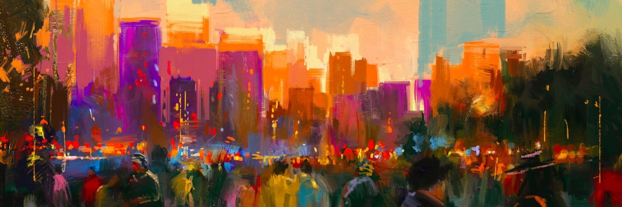 illustration of people in a city park at sunset with buildings in the landscape