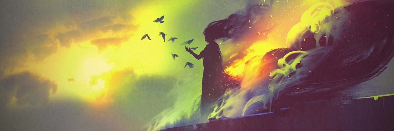 Fulfilling Your Purpose While Chronically Ill illustration of woman walking with wind blowing and multicolored sky