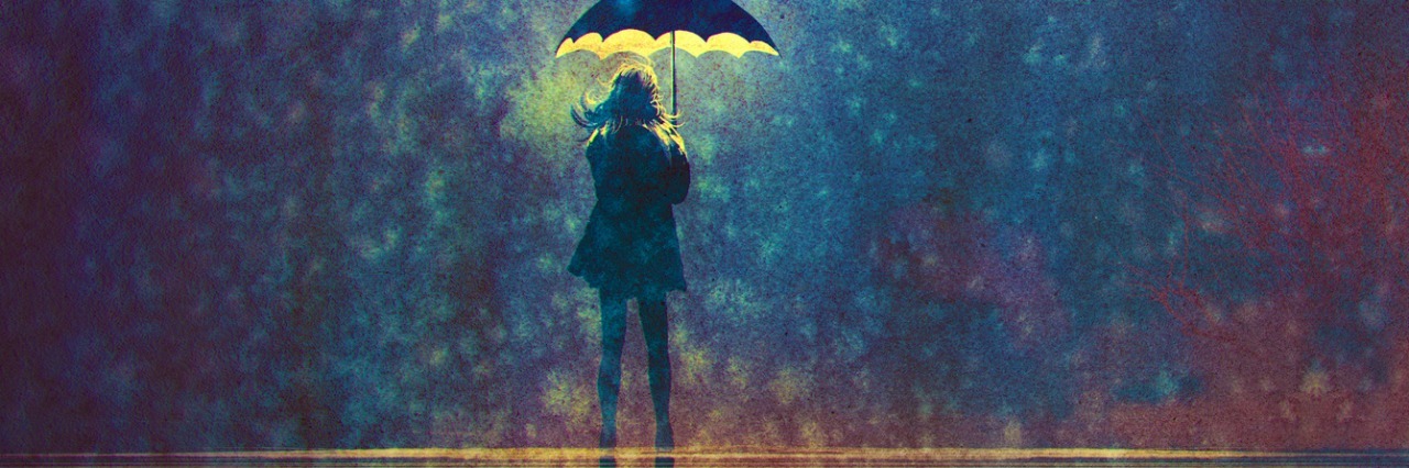 Feeling at War With Myself: Parts of My Autism People Can't See Illustration of woman standing under umbrella with light underneath it