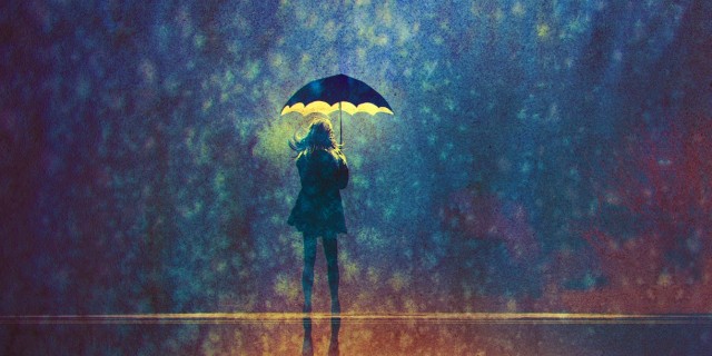 Illustration of woman standing under umbrella with light underneath it