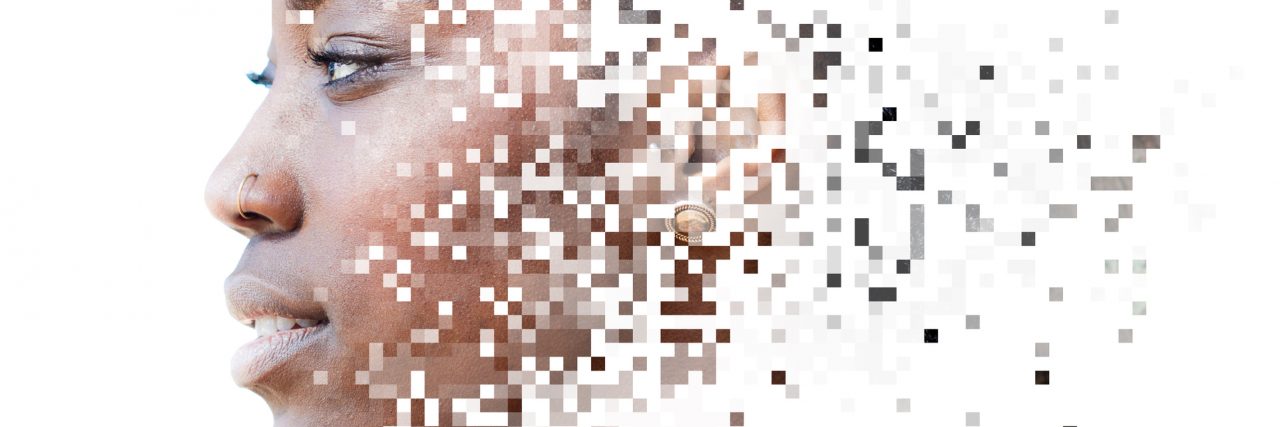 Photograph of african american female model combined with pixelated illustration