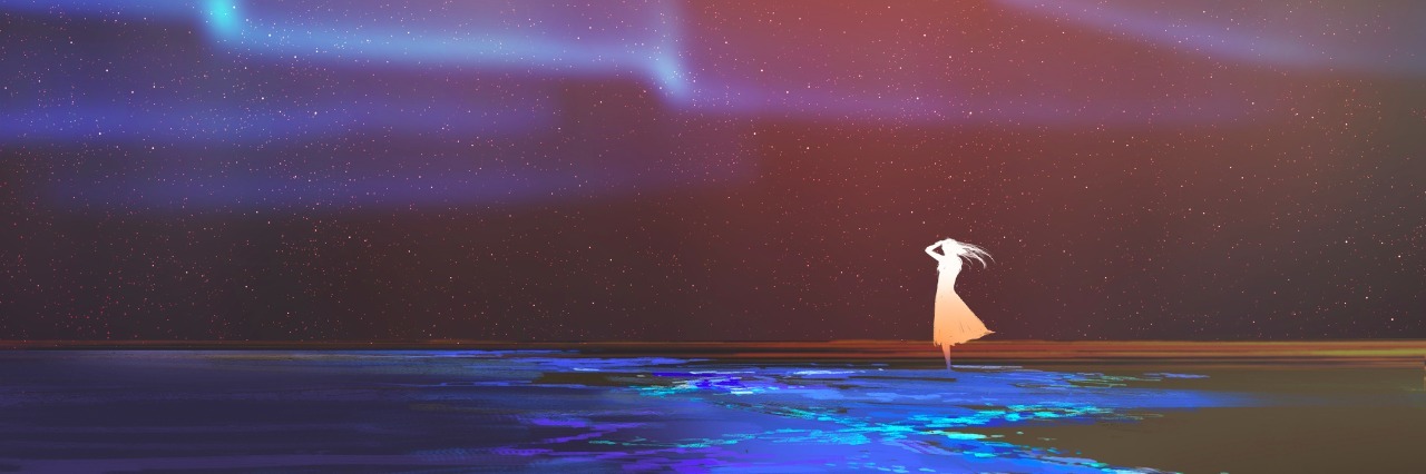 Realizing Our Self-Worth in the Midst of an Illness woman standing on beach glows with Northern lights Aurora borealis above,illustration painting