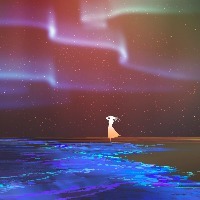 woman standing on beach glows with Northern lights Aurora borealis above,illustration painting