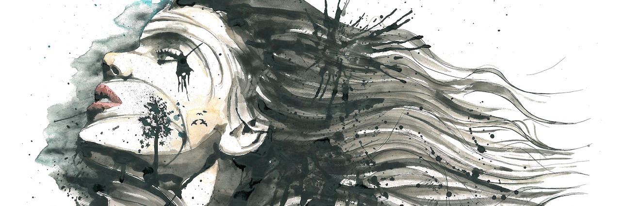 a watercolor painting of a woman with her hair flowing behind her