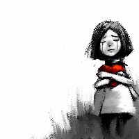 digital painting of girl crying with red heart, acrylic sketched on canvas texture