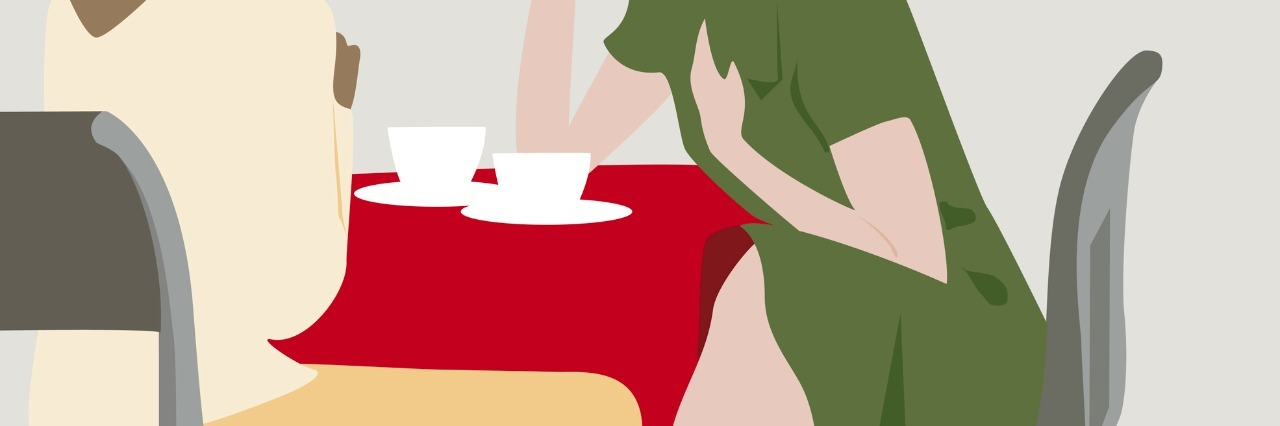Illustration of two women sitting at a table having coffee after shopping