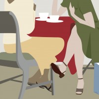 Illustration of two women sitting at a table having coffee after shopping