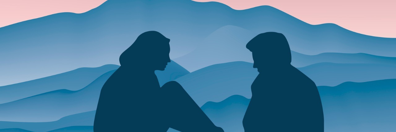 How to Support Someone With Anxiety Couple face to face, side view, silhouette in front of a mountain at sunset.