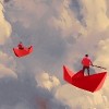 men on red paper boats floating in the cloudy sky