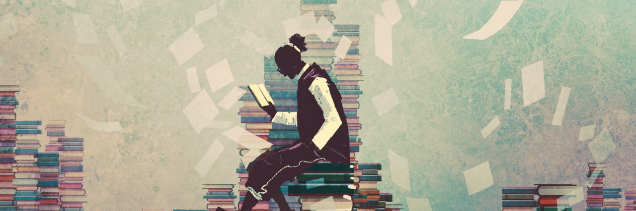 Struggling with Anxiety Made Me Realize I Want to Help Others man reading book while sitting on pile of books,knowledge concept,illustration painting