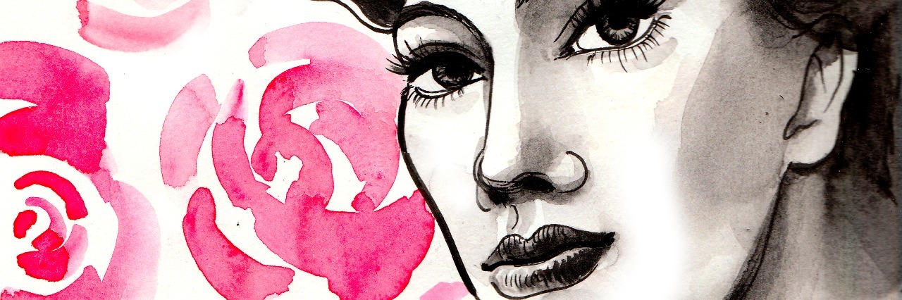 Watercolor sketch of a beautiful woman face and roses