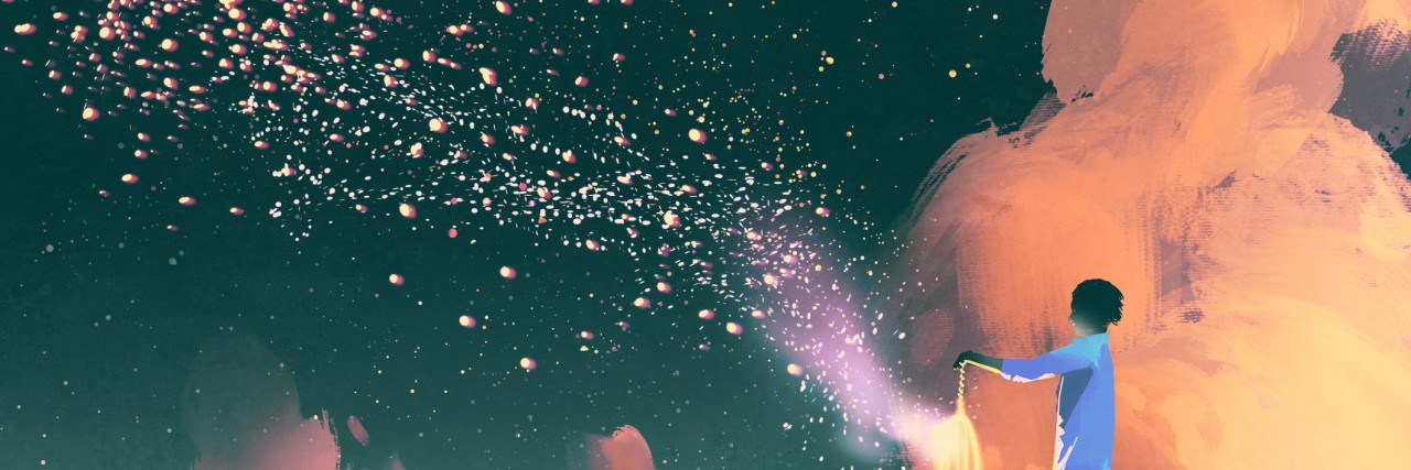 What I Tell Myself When I Feel Suicidal man holding a cage with floating shinning star dust,illustration painting