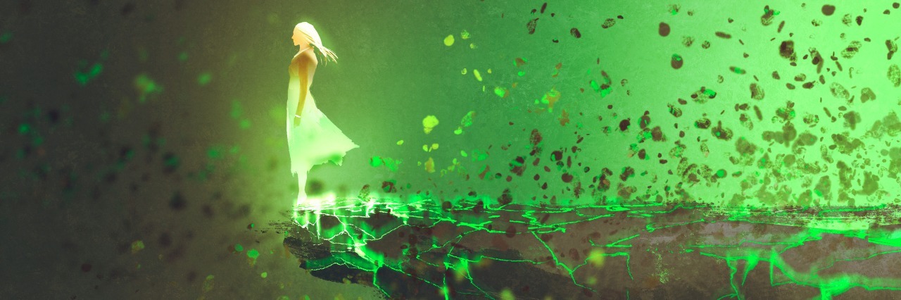 What You Don't Know When You Hear, 'I've Had a Seizure' woman standing lonely on the edge of a cliff with explosion effect,illustration painting