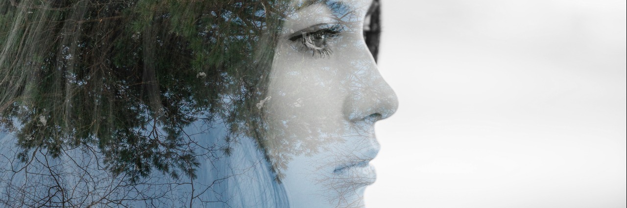 Decisions I Have to Make Because of Lupus in my 20s Girl in profile. Double exposure of young woman and forest.
