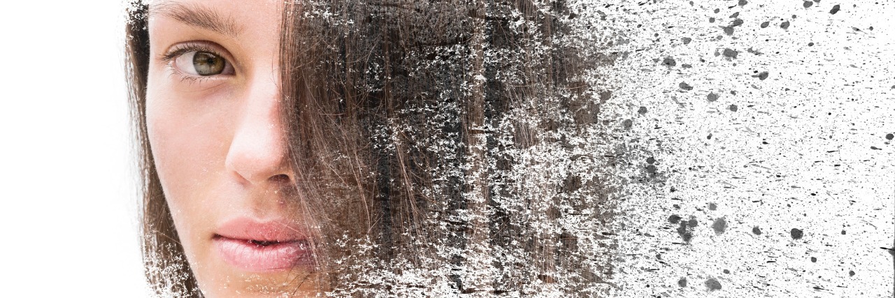 The Guilt of Prioritizing Yourself When You're Chronically Sick girl with a fixed gaze dissolves into splatter print