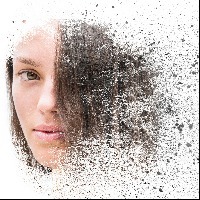 woman face fading into splatter print