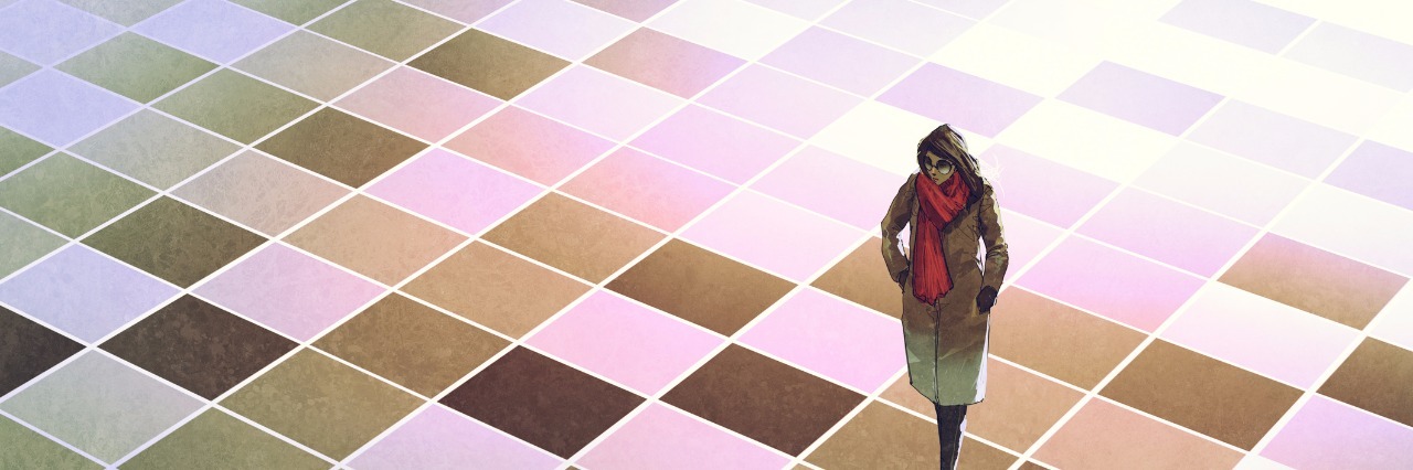 Eating Disorder Advocacy Can Be Tricky to Do Well business woman standing on the floor with graphic pattern tiles,illustration painting