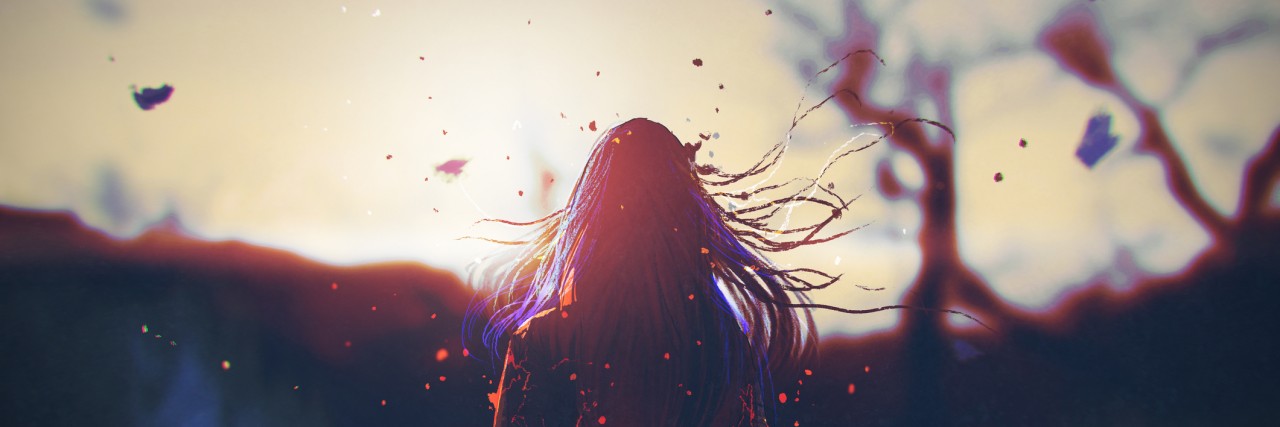 Fighting Against Relapse in Anorexia Recovery rear view of woman with cracked effect on her body looking the sunrise,illustration painting