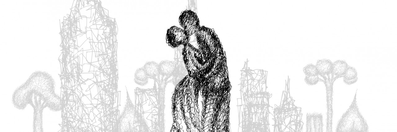 How My Husband Helps Me When Mood Fluctuations Make Me Flip Out Abstract illustration of kissing and hugging couple.