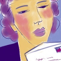 A drawing of a woman holding an envelope