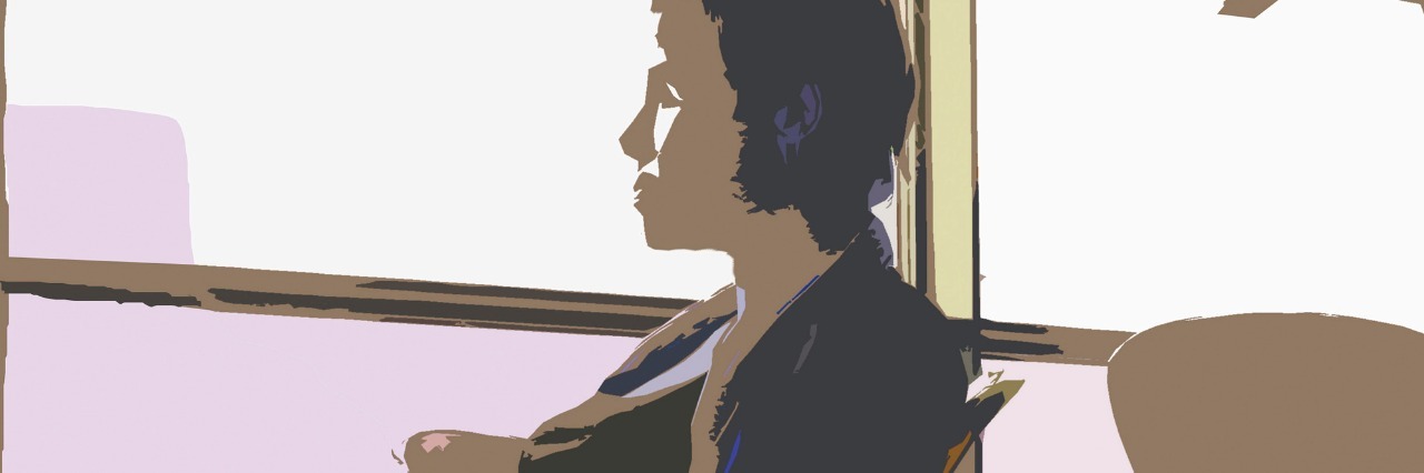 illustration of woman sitting in a chair and looking out a window