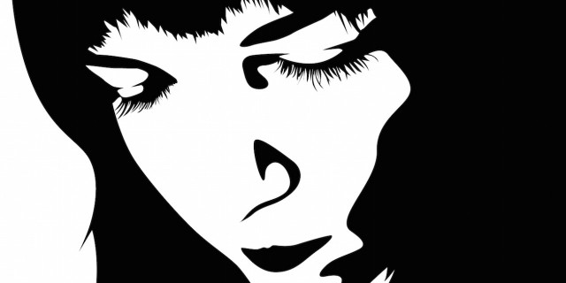Black and white illustration of woman with eyes closed, head angled slightly down