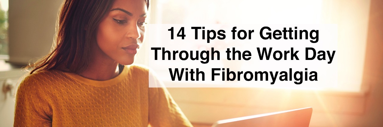 Serious adult single female sitting at table holding coffee cup and typing on laptop with text 14 tips for getting through the work day with fibromyalgia
