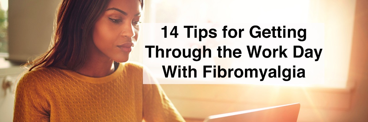 14 Tips for Working With Fibromyalgia Serious adult single female sitting at table holding coffee cup and typing on laptop with text 14 tips for getting through the work day with fibromyalgia